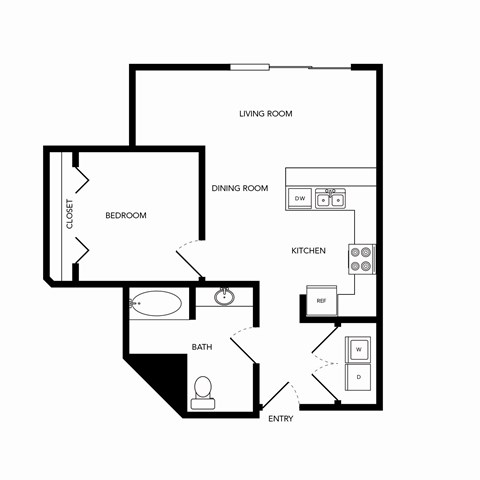 Floor plan for 1 bed, 1 bath, 689 sqft